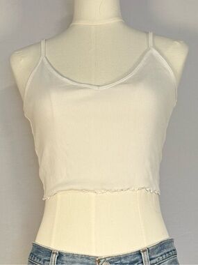 White Ribbed Cropped Lettuce Hem Cami 90s Y2K Large